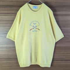 Tシャツ　サマーニット　刺繍デザイン　レトロ感　シンプル　黄色　古着