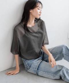 透け感　シアーシャツ　グレー　無地五分袖Tシャツ Fサイズ　LOWRYSFARM