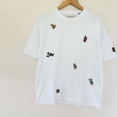 ハンドメイド風刺繍ワッペンTシャツ　L　白ホワイト　イヌピザ　綿100％　個性的
