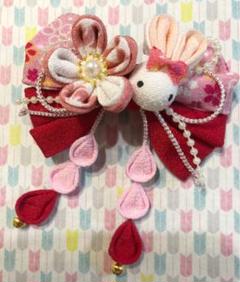 うさぎと5枚花 リボン しずく 髪飾り つまみ細工