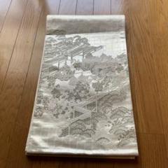 5k1564 袋帯絹プラチナ箔京名所橋銀色ピンク紫花柄和装