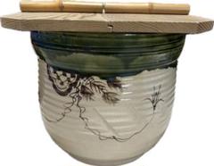 値下げ！茶道具　水屋壺　青織部　割蓋付 茶道具 水屋道具 水屋瓶 水屋甕 水屋壷 水屋壺 伊賀 小 松本央作