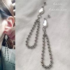 #317 ボールチェーン×デザイン樹脂パールピアス／イヤリング　ハンドメイド