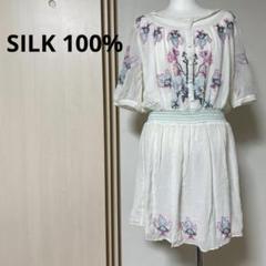 シルク100%☆刺繍入りホワイトワンピース 36 薄手 袖シアー レディース