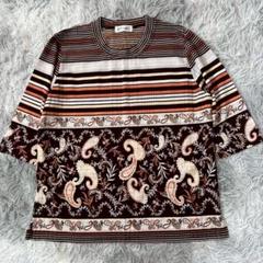 【Mause】ブラウン系ボーダー ペイズリー五分袖カットソー (M) レトロ柄