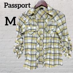 Passport 【M】チェック柄 七分袖シャツ コットン100% イエロー