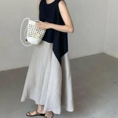 新品 Aライン ノースリーブ コットン バイカラー ワンピース ネイビー 紺