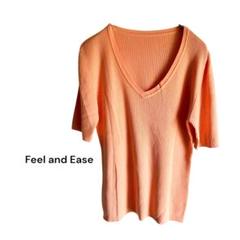FeelandEase リブカットソー　シンプルトップス　半袖ニット　薄手ニット