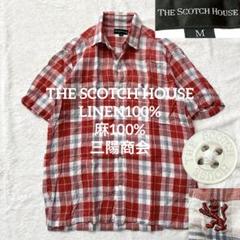 美品 THE SCOTCH HOUSE リネン半袖チェックシャツ 刺繍 三陽商会
