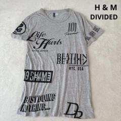 【エイチ&エム】グラフィックロング丈Tシャツ ゆったりえりカジュアルグレー LL