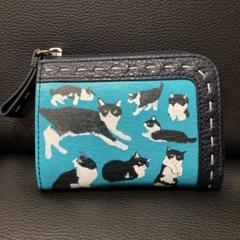 新品マンハッタナーズ 牛革プリント トップパース カードケース 小銭入れ　猫鍵