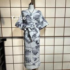 LL 浴衣リメイク 新品反物 白紺 菖蒲フリル袖ゆったりワンピース