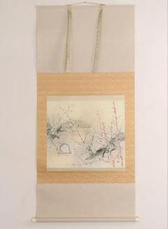 【真作】日本画 宮本昌雄「梅の寺」絹本 掛け軸 木箱 横物 MA434 真作】日本画 宮本昌雄「梅の寺」絹本 掛け軸 木箱 横物 MA434