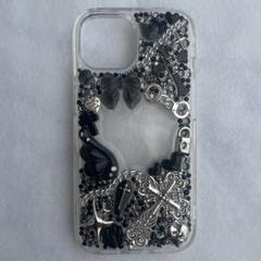 iPhone15デコケース♡黒×シルバー　地雷ゴスロリy2kサブカル天使ギャル