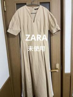 未使用　ZARA ベージュ シャツワンピース 半袖 ロング　シフォンプリーツ