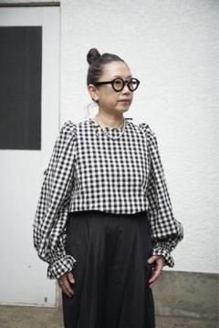 KO♥バックリボンギンガムチェックパフスリーブブラウスブラック