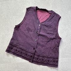 LINEAR 日本製 刺繍デザイン ベスト ボタン パープル インディゴ染め