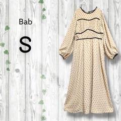 Bab　長袖ワンピース　ロングフレア　総柄　ウエストゴム　パフ袖　春夏　ベージュ