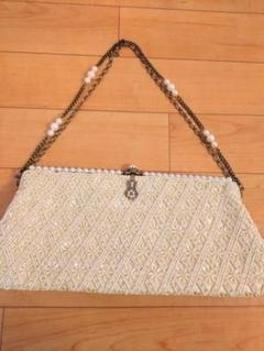 美品✨ビンテージ風 アイボリー ビーズ刺繍 パーティーバッグ