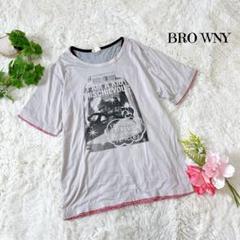 ブラウニー 半袖Tシャツ プリント【L】グレー スリット入り Uネック a713