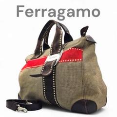 美品　フェラガモ　ヴァラ　ハンドバッグ　ショルダー2way キャンバス×レザー