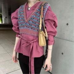 激安の ベルパートップスリボンVネックゆるだぼ体型カバー大人キレイ秋上品 トップス