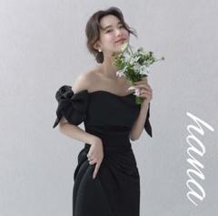 前撮り ブラックドレス パフスリーブ オフショルダー