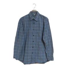 ユニクロ チェック柄 コットン 長袖シャツ ブルー L カジュアル きれいめ