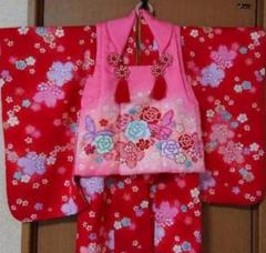 七五三　全てセットですぐ着れる！赤とピンクの花柄 被布着セット
