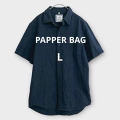 ＊PAPPER BAG＊半袖シャツ メンズ リーフ柄 赤ステッチ L ネイビー