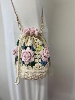 薔薇モチーフ　手編み　ハンドメイド　巾着バッグ