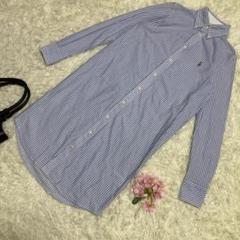 極美品　ラルフローレン　ひざ丈ワンピース　ブルー　ストライプ　ホースロゴ　M相当