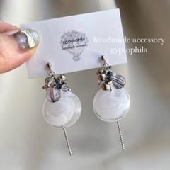 【No.189】ハンドメイドピアスイヤリング、ホワイトマーブルプレート、シルバー