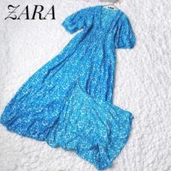 【ZARA】ブルー　花柄　ロングワンピース（Lサイズ）のサムネイル