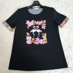 極美品 レオナール カットソー 半袖 ポロシャツ 花柄 トリム ブラック 40 極美品 レオナール カットソー 半袖 ポロシャツ 花柄 トリム