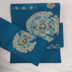Ü ☆Handmade☆名古屋帯 『ローズガーデン（スカイブルー）✖️ドット』 Ü ☆Handmade☆名古屋帯 『ローズガーデン（スカイブルー