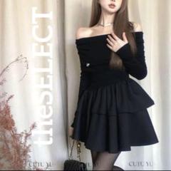 韓国 服 レディース ワンピース 黒 長袖 オフショルダー ミニスカート 人気