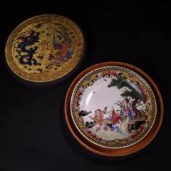 中国古美術・珍蔵粉彩陶磁器の皿・純手描き・刺繍箱付き・茶道具