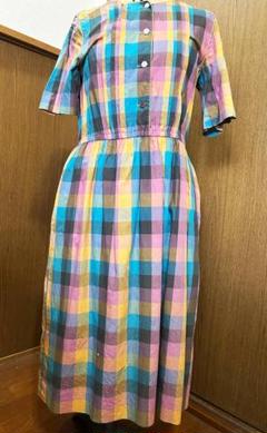 70s　昭和レトロ　ビンテージ　マルチカラー チェック柄 半袖ワンピース