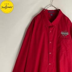 【長袖シャツ　刺繍　ワンポイント　オーバーサイズ　ゆるだぼ　赤　USA古着】