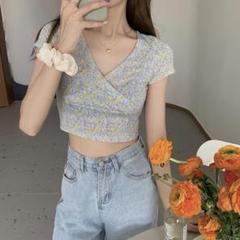 L 【大人気】レディース ハイウエスト ショートTシャツ 青色 花柄 Vネック