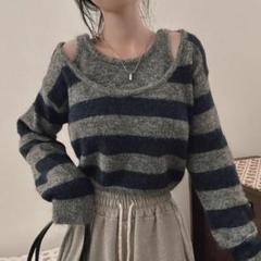 配色 ボーダー柄 フェイクインナー ニット セーター 切り替え 柔らかくて