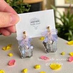 【No.102】ハンドメイドピアス、イヤリング、クリア蝶々、スパンコールジャラ