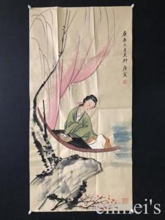 中国古美術・仕女図三尺画芯・唐寅印款・水墨彩色画・純手描き・書道品・宣紙・带水印 中国古美術・仕女図三尺画芯・唐寅印款・水墨彩色画・純手描き