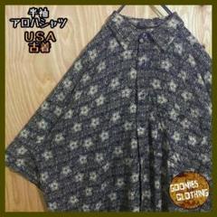 メンズ ブラック グレー 夏 柄シャツ USA古着 半袖 アロハ シャツ 総柄