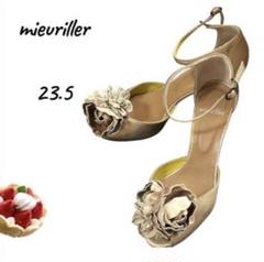 mieuriller ゴールド ミュール　 23.5 花　ストラップ付き
