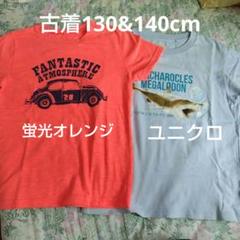 古着　男の子　130cm 140cm ユニクロ　Tシャツ サメ　蛍光オレンジ