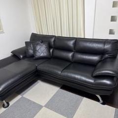 L字型黒ソファ 合成皮革 クッション付き