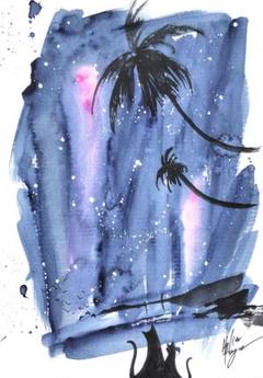原画#3592　黒猫　ニース　星空　フランス　水彩画　ドローイング　絵画　アート 原画#3374 黒猫 ニース フランス 水彩画 ドローイング