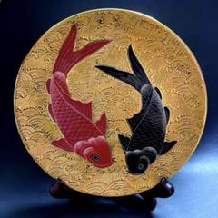 傑作陶芸　雙魚　金彩　飾り皿　スタンド付き